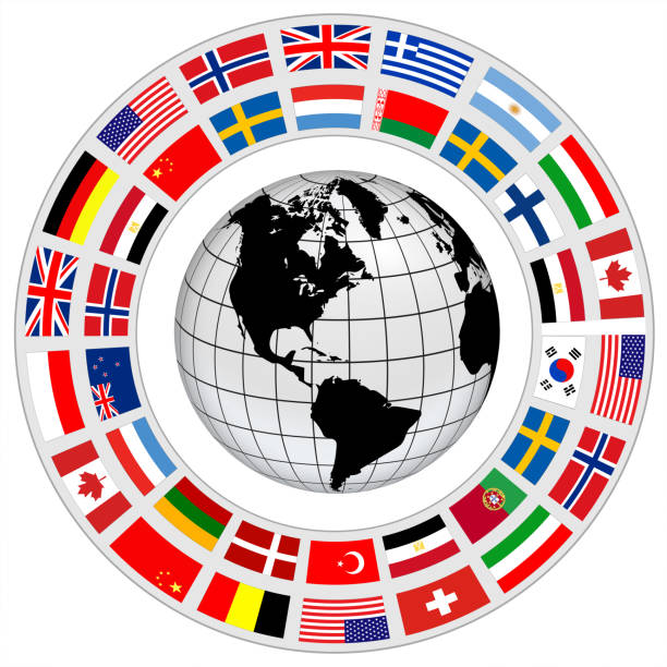 dünya küre 3d simgesi etrafında bayraklar bir halka ile - ulusal bayrak stock illustrations
