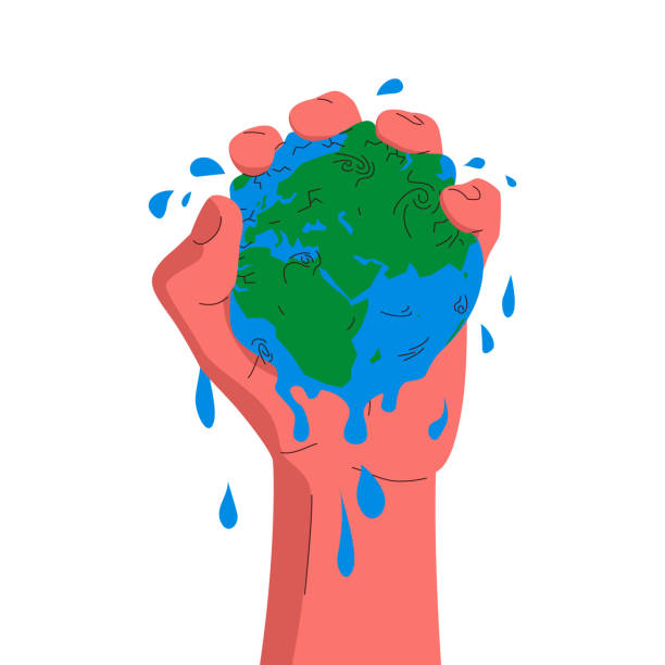 ilustrações, clipart, desenhos animados e ícones de globo terrestre em uma mão. ilustração do conceito vetorial de uma mão apertando o globo. planeta azul e verde terra espremido em uma palma. conceito de poluição ambiental, mineração, aquecimento global - aperto de mãos