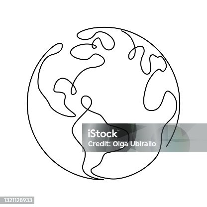 istock Earth globe in one continuous line drawing. Round World map in simple doodle style. Infographic territory geography presentation isolated on white background. Vector illustration 1321128933