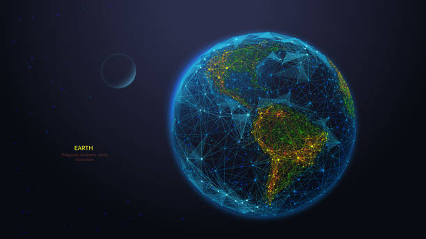 Earth globe low poly art illustration Earth globe low poly art illustration. 3d polygonal planet. Outer space concept with connected dots and lines. Cosmos exploring. Solar system body, moon and earth vector color wireframe mesh globe navigational equipment stock illustrations