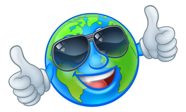 Earth Globe Sunglasses Shades World Cartoon Mascot An earth globe world cartoon character mascot wearing shades or sunglasses and giving a thumbs up cool blue world stock illustrations