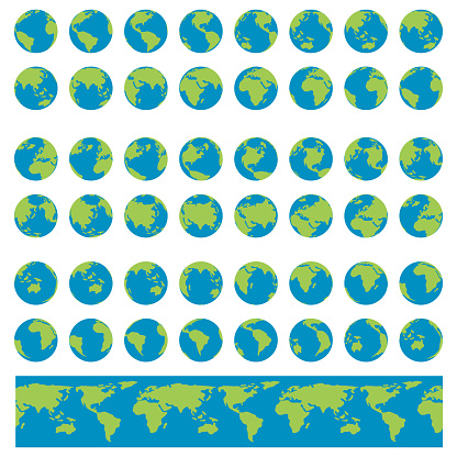 Earth Globes set. Planet Earth turnaround, rotation at different angles for animation. Flat vector Illustration.