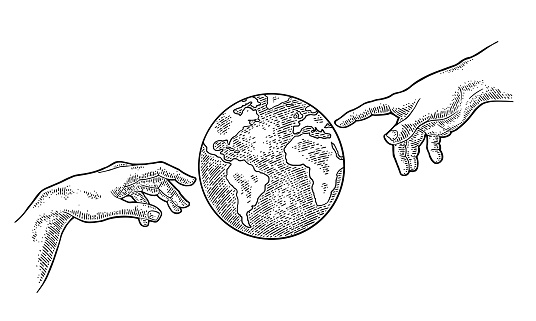 Male finger pointing and god hand touch earth planet globe. Vector black vintage engraving illustration isolated on a white background. For web, poster, info graphic