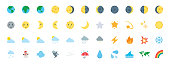 Earth, Planet Icons Vector Set. All Type of Moon Faces. Weather Icons Collection. Temperature, Cloud, Sky Symbols, Emojis Set - Vector