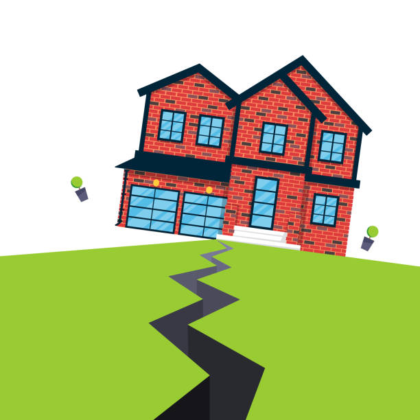 Earthquake house insurance concept flat style vector illustration. Earthquake house insurance concept flat style vector illustration. House jumping from earthquake and ground with the cracks. Natural disaster accident. Protect your building property from damage. earthquake illustrations stock illustrations