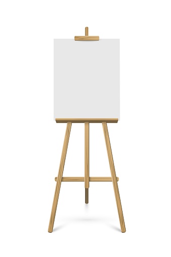 Easel with white vertical paper sheet. Vector realistic design element isolated on white background.