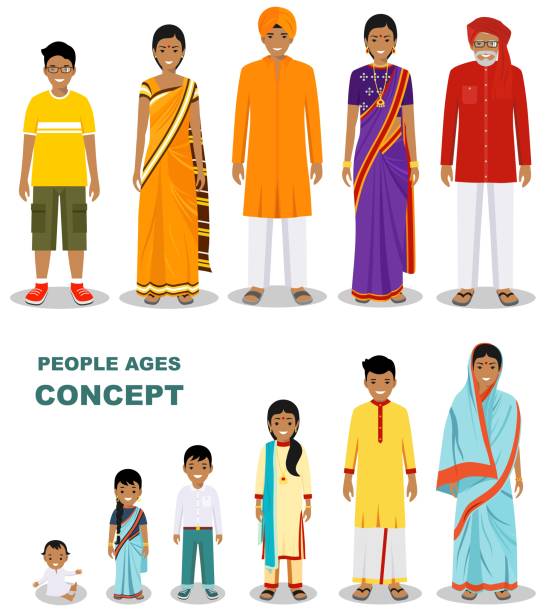 ilustrações de stock, clip art, desenhos animados e ícones de east people generations at different ages isolated on white background in flat style. indian man and woman aging. baby, child, teenager, young, adult, old people. vector illustration. - grandparents vertical