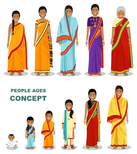 ilustrações de stock, clip art, desenhos animados e ícones de east people generations at different ages isolated on white background in flat style. indian woman aging: baby, child, teenager, young, adult, old people. vector illustration. - grandparents vertical