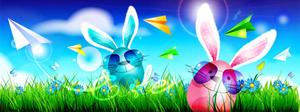 Easter! Anthropomorphic Easter eggs with rabbit ears against the background of spring nature with paper airplanes in the sky. Graphic vector illustration in EPS 10 format. Graphic vector illustration in EPS 10 format. easter sunday stock illustrations