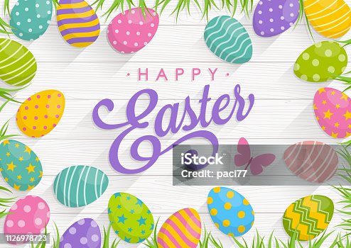 istock Easter background with colorful eggs on Wood background with text Happy Easter 1126978723