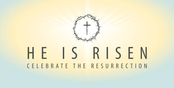 Easter banner with a shining cross and inscription Vector Easter banner with words He is risen, Celebrate the resurrection, with a shining cross and crown of thorns on the background of sky at sunrise crown of thorns stock illustrations