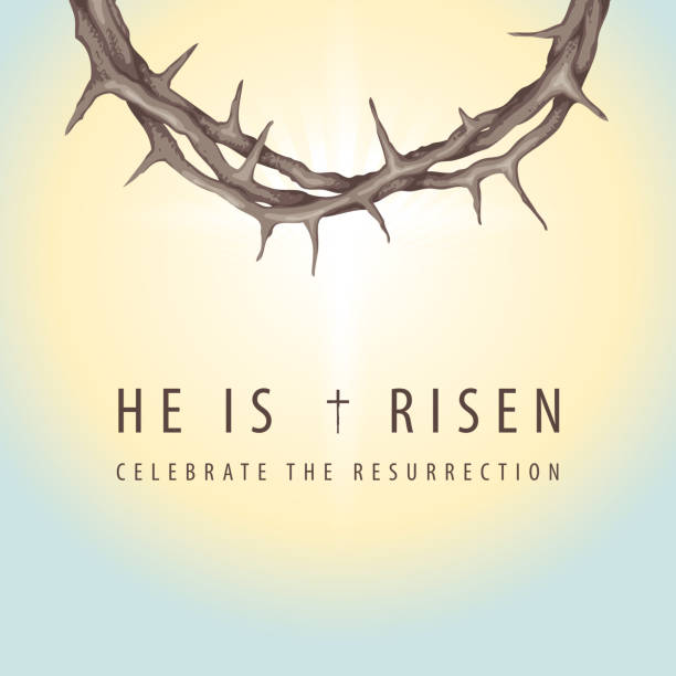 Easter banner with crown of thorns and inscription Vector Easter banner or greeting card with words He is risen, Celebrate the resurrection, with a crown of thorns on the background of sky at sunrise pain backgrounds stock illustrations