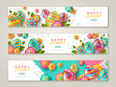 Easter horizontal banners with colorful ornate eggs, flowers and confetti. Vector illustration. Place for your text