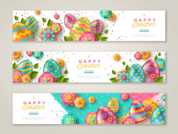 Easter banners with ornate eggs Easter horizontal banners with colorful ornate eggs, flowers and confetti. Vector illustration. Place for your text easter stock illustrations