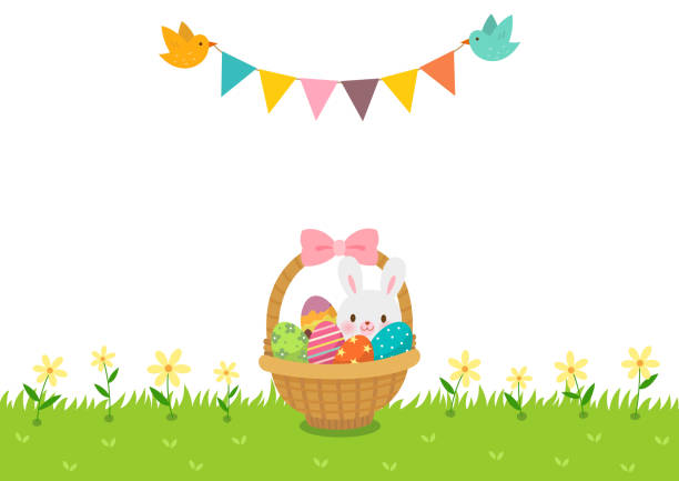 Easter basket on the grass and bunting flag with birds.Happy Easter background Easter,eggs,rabbit,bunny,grass,bunting flag,bird,holiday,event,nature,flower,season,background,illustration,greeting card grass symbols stock illustrations
