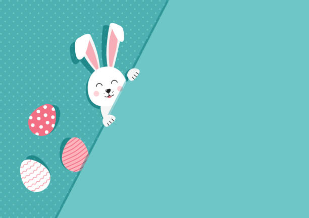 ilustrações de stock, clip art, desenhos animados e ícones de easter bunny and eggs greeting card. paper rabbit on polka dot turquoise background. vector - pascoa