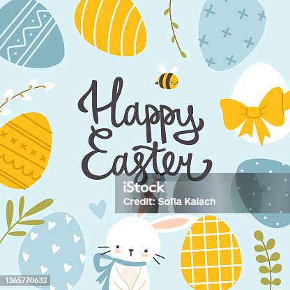 istock Easter bunny and painted eggs frame of calligraphy text. Happy easter invitation template. 1365770632