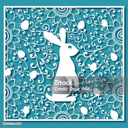 istock Easter bunny holding Easter egg pattern. White ornamental square card for laser cutting on blue background for greeting card. Vector illustration 1309864083