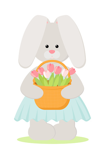 Easter Bunny holds a basket of tulips. Vector illustration of cute flat bunny character isolated on white background