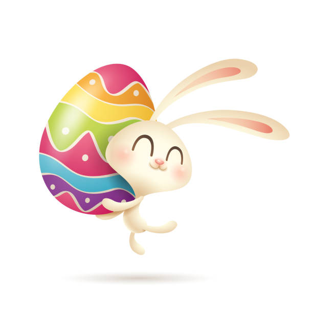 Easter bunny jumps up with a painted egg. vector art illustration
