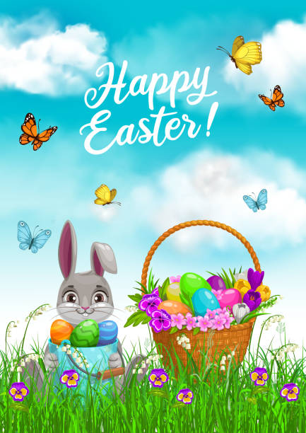 Easter bunny with egg hunt basket in spring grass  easter sunday stock illustrations