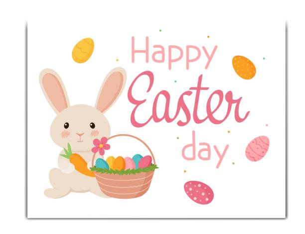 Easter card with an inscription. Rabbit with carrots and a basket of eggs.Vector cartoon style. Easter card with an inscription. Rabbit with carrots and a basket of eggs.Vector illustration in cartoon style. easter sunday stock illustrations