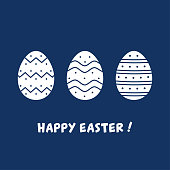 Easter card with three decorated eggs in doodle line style on blue background. Minimalist contemporary art style. Vector.
