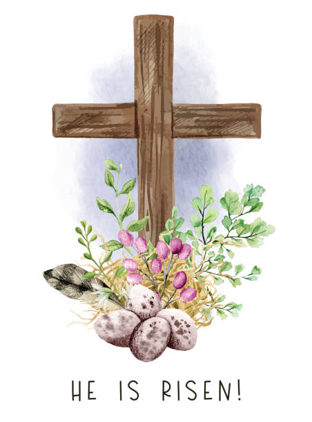 Easter christian cross with green ferns, eggs and feather, Easter christian cross with green ferns, eggs and feather, easter decoration, hand drawn vector watercolor illustration religious cross clipart stock illustrations