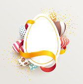 Easter colorful design. White banner with eggs and golden ribbon. Bright holiday illustration.