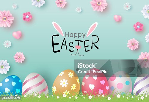 istock Easter day design of eggs and flowers on color paper background vector illustration 1130235324
