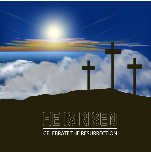 Easter Day. Sunrise on Easter morning and Calvary hill with silhouettes of the cross. Cross symbol for Jesus Christ is risen. easter sunday stock illustrations