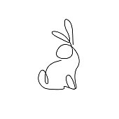Easter egg decor design with outline bunny character silhouette sitting isolated. Line art icon. For holiday cards, prints, banner design decor etc. Flat style, vector illustration.