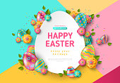 Easter card with paper cut egg shape frame, spring flowers and leaves on colorful modern geometric background. Vector illustration. Place for your text