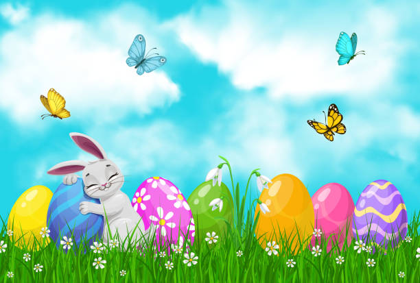 bildbanksillustrationer, clip art samt tecknat material och ikoner med påskägg jagar kanin eller kanin på källgräs - easter egg