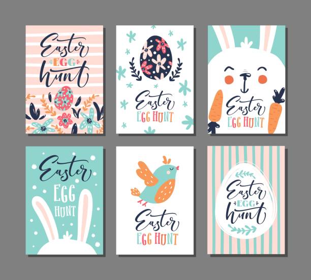 easter egg hunt invitation. Set of 6 postcard templates.  easter sunday stock illustrations