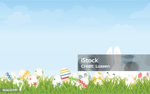 istock Easter Egg Hunt Morning with Cartoon Bunny and Eggs Background 165632597