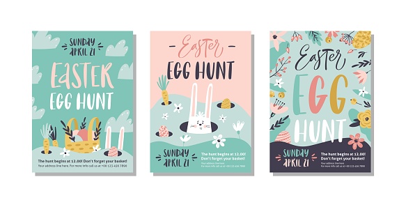 Easter egg hunt poster or invitation template. Vector illustration.