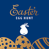 Join the Easter Egg Hunt Party with sitting bunny symbol and gold colored eggs on blue background