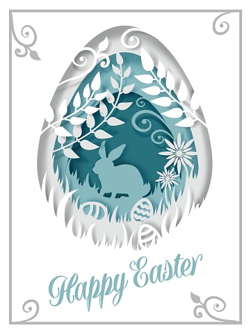 Easter egg with rabbit silhouette, flowers, leaves, vector paper cut illustration. Happy Easter greeting card template.