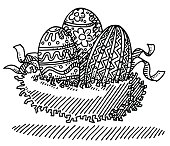 Hand-drawn vector drawing of a Nest and Easter Eggs. Black-and-White sketch on a transparent background (.eps-file). Included files are EPS (v10) and Hi-Res JPG.