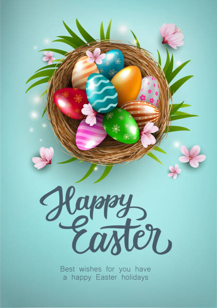 Easter eggs with flowers in the nest vector art illustration