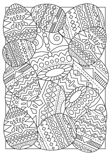 Easter eggs with tribal ornament vector coloring page for adults. vector art illustration