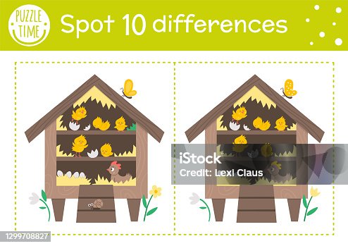 istock Easter find differences game for children. Holiday educational activity with hen coop and chickens. Printable worksheet with cute hatching chicks. Spring puzzle for kids. 1299708827