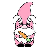 Easter Gnome with carrot. Vector cartoon Scandinavian character with bunny ears. For greeting card,printing on t shirt,vinyl or paper cutting. Isolated on white background. Cute holiday illustration.