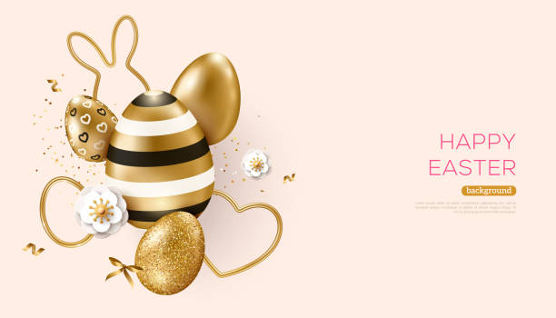 Easter golden eggs 3d decoration vector art illustration