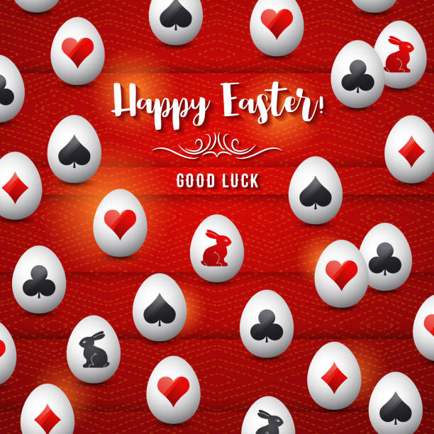 Easter greetings card with red and black gambling symbols over white eggs, vector illustration.Suitable for invitations, greeting cards, flyers, banners. Easter greetings card with red and black gambling symbols over white eggs, vector illustration.Suitable for invitations, greeting cards, flyers, banners. bunny poker stock illustrations