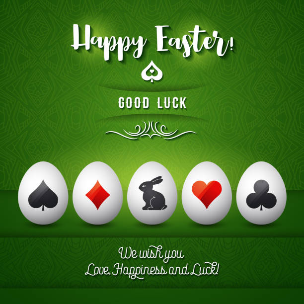 Easter greetings card with red and black gambling symbols over white eggs, vector illustration. Suitable for invitations, greeting cards, flyers, banners. Easter greetings card with red and black gambling symbols over white eggs, vector illustration. Suitable for invitations, greeting cards, flyers, banners. bunny poker stock illustrations