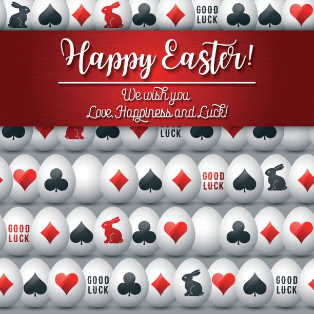 Easter greetings card with red and black symbols over many white eggs, vector illustration. Easter greetings card with red and black symbols over many white eggs, vector illustration. Decorative composition suitable for invitations, greeting cards, flyers, banners. bunny poker stock illustrations
