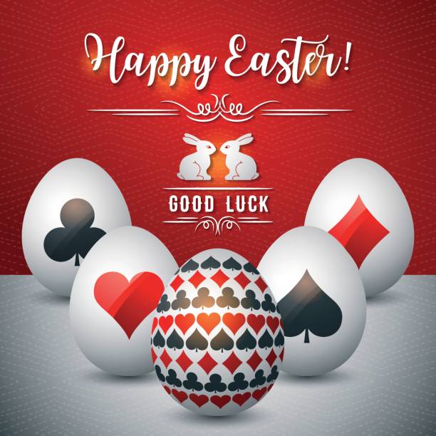 Easter greetings card with red and black symbols over white eggs, vector illustration. Easter greetings card with red and black symbols over white eggs, vector illustration. Decorative composition suitable for invitations, greeting cards, flyers, banners. bunny poker stock illustrations