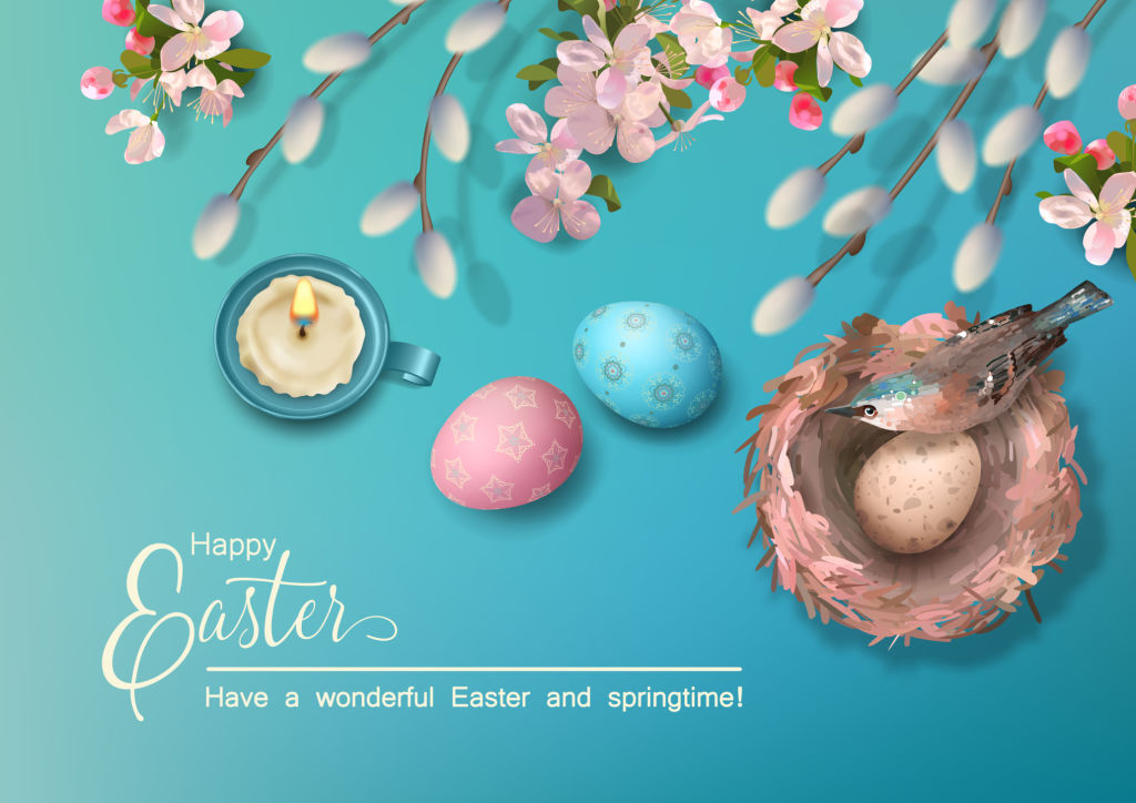 Easter holiday background with a bird in the nest, eggs, pussy willow branches, Apple blossoms, feathers. Vector top view illustration